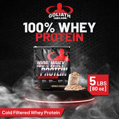 Goliath Labs whey protein scoop highlighting convenient daily serving