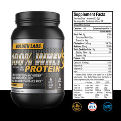 Goliath Labs whey protein shaker with strawberry powder ready to mix.