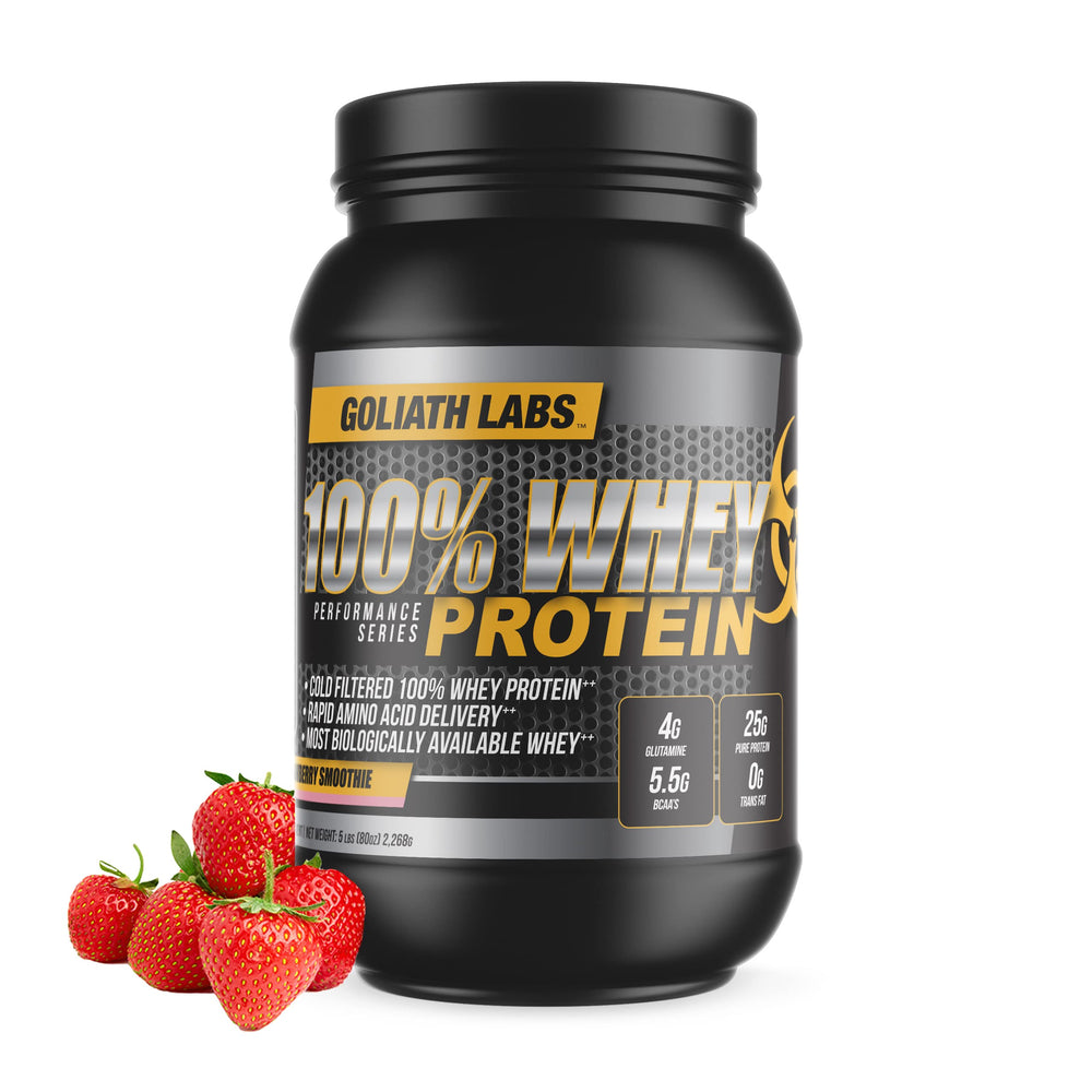 Goliath Labs strawberry whey protein tub, 5 lb packaging for daily protein goals.
