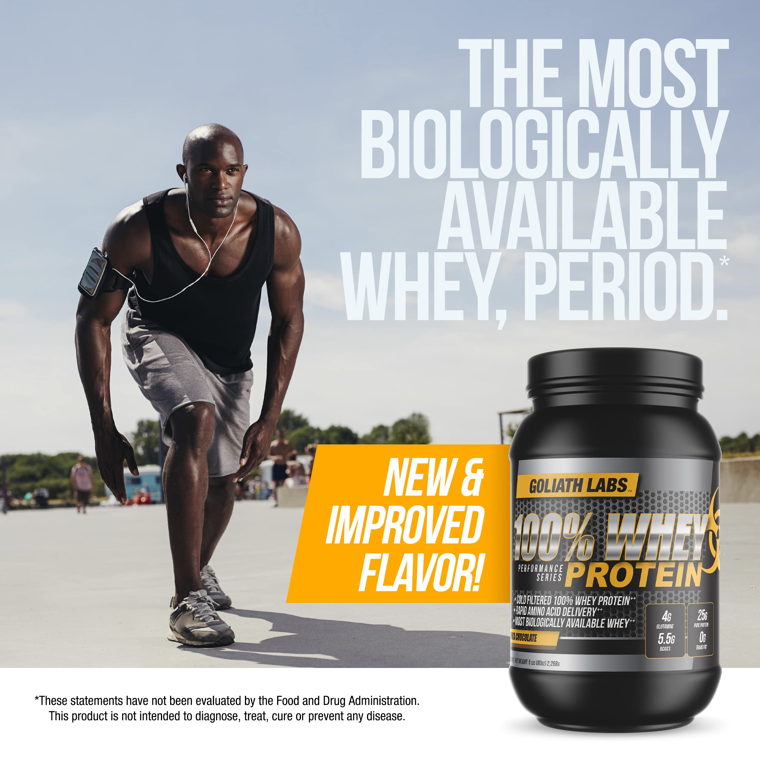 Goliath Labs tub front stating 68 servings and strawberry flavor.