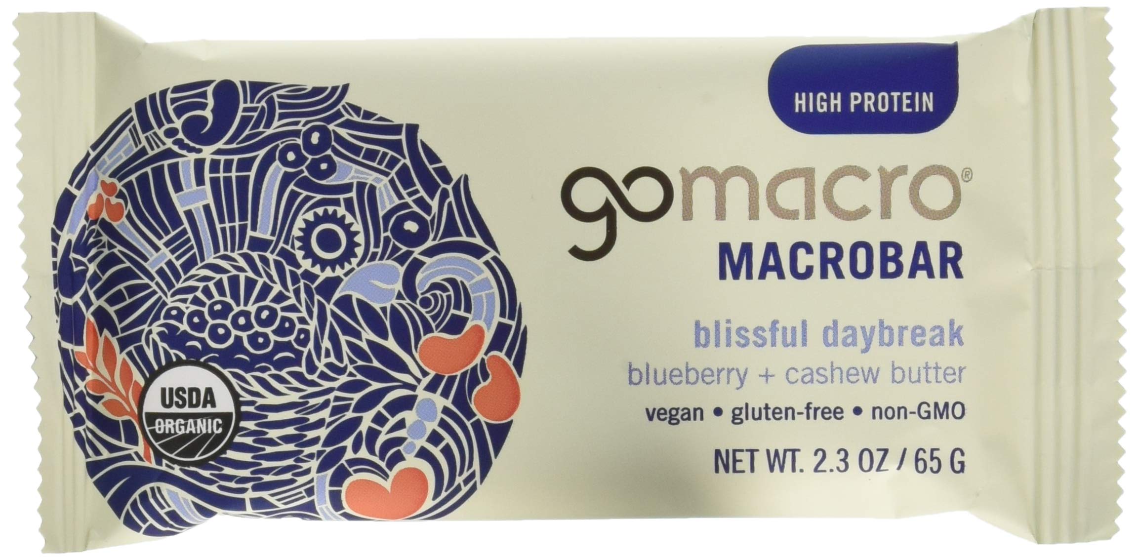 GoMacro Organic Blueberry Cashew Butter Bar front view shows chewy texture for a quick snack