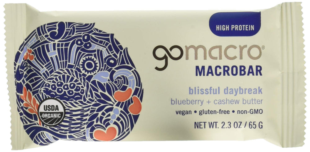 GoMacro Organic Blueberry Cashew Butter Bar front view shows chewy texture for a quick snack