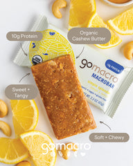GoMacro Lemon + Lemon MacroBar ingredients display cashew butter and puffed rice.