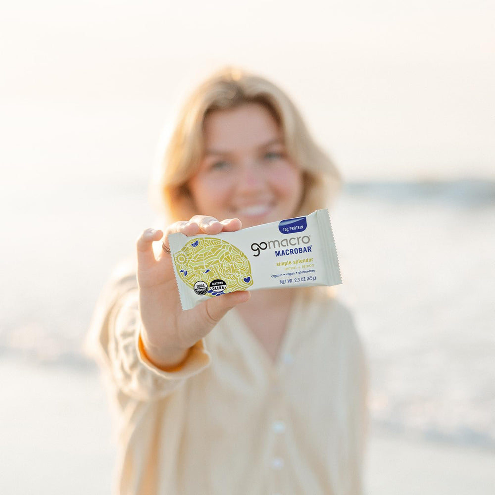 GoMacro Lemon + Lemon MacroBar packaging close-up highlights certifications.
