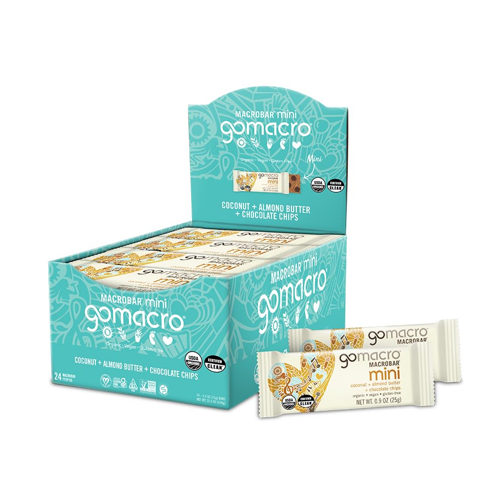 GoMacro MacroBar Mini coconut almond chips close-up, a delicious vegan boost for busy days.