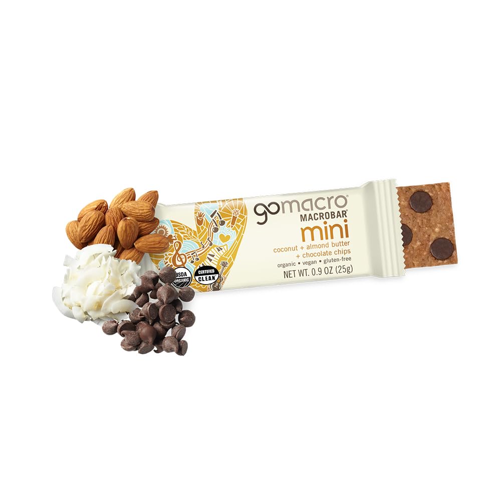 GoMacro MacroBar Mini cross-section reveals coconut, almond butter, chocolate chips for plant-based protein.