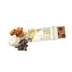 GoMacro MacroBar Mini cross-section reveals coconut, almond butter, chocolate chips for plant-based protein.