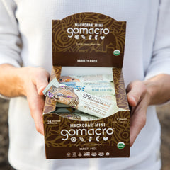 GoMacro MacroBar Mini sunflower butter chocolate close-up, dairy-free protein snack