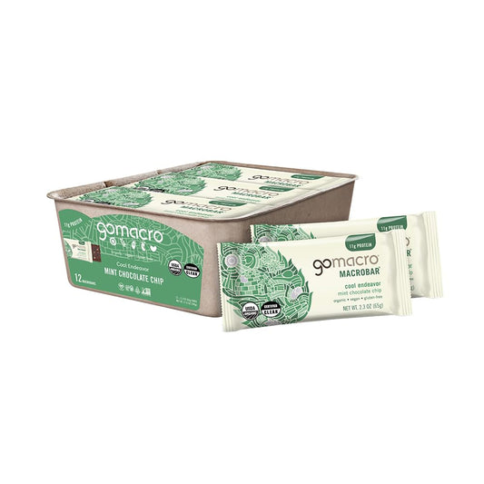 GoMacro Mint Chocolate Chip MacroBar pack—a convenient protein snack for busy days