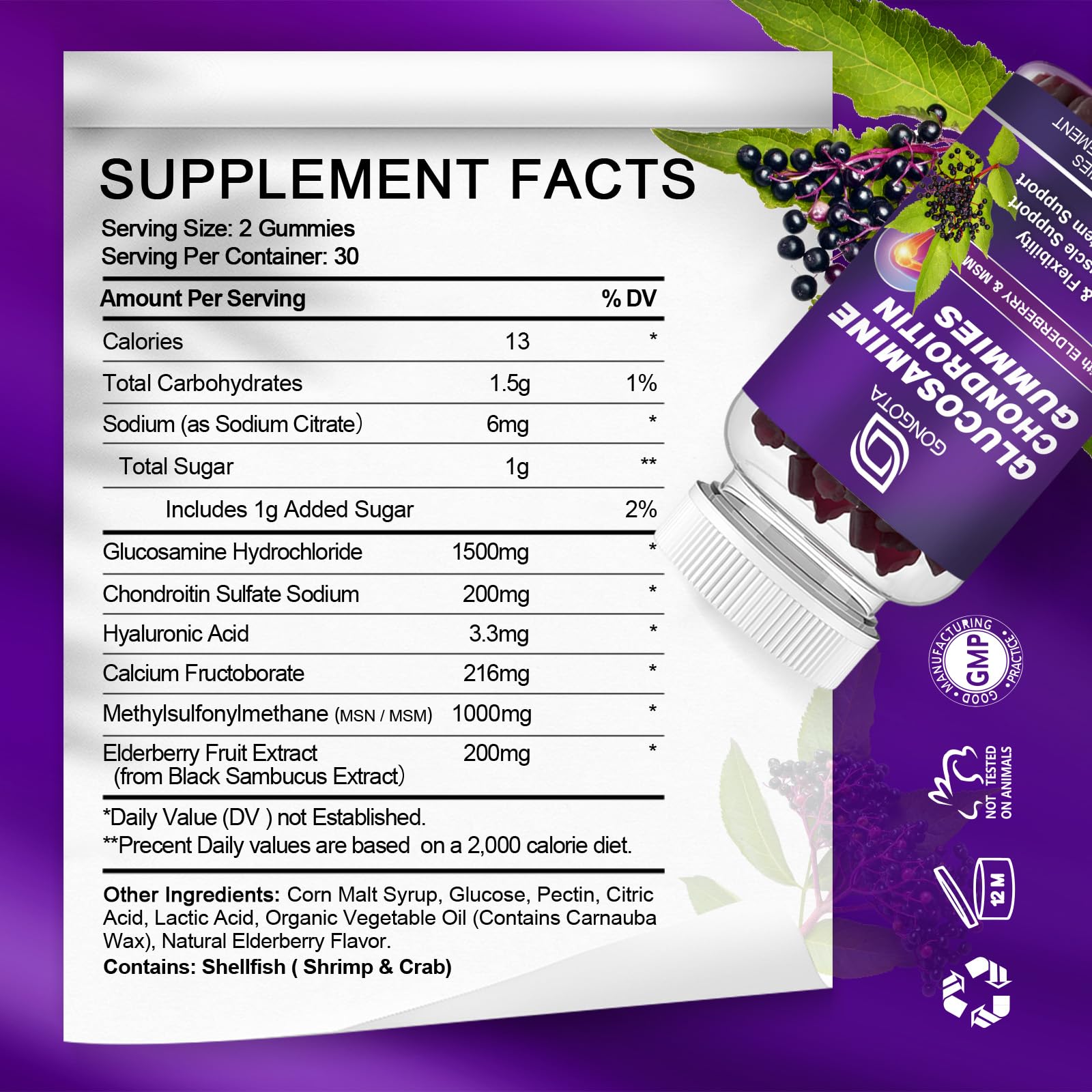GONGOTA Glucosamine Chondroitin Gummies pack back with ingredients and daily dosage for cartilage support.