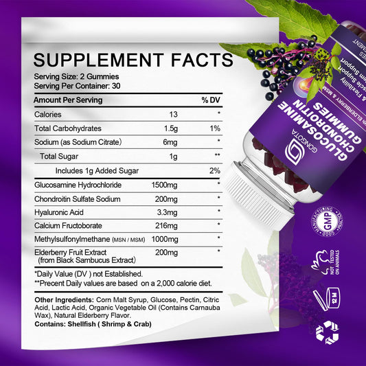 GONGOTA Glucosamine Chondroitin Gummies pack back with ingredients and daily dosage for cartilage support.