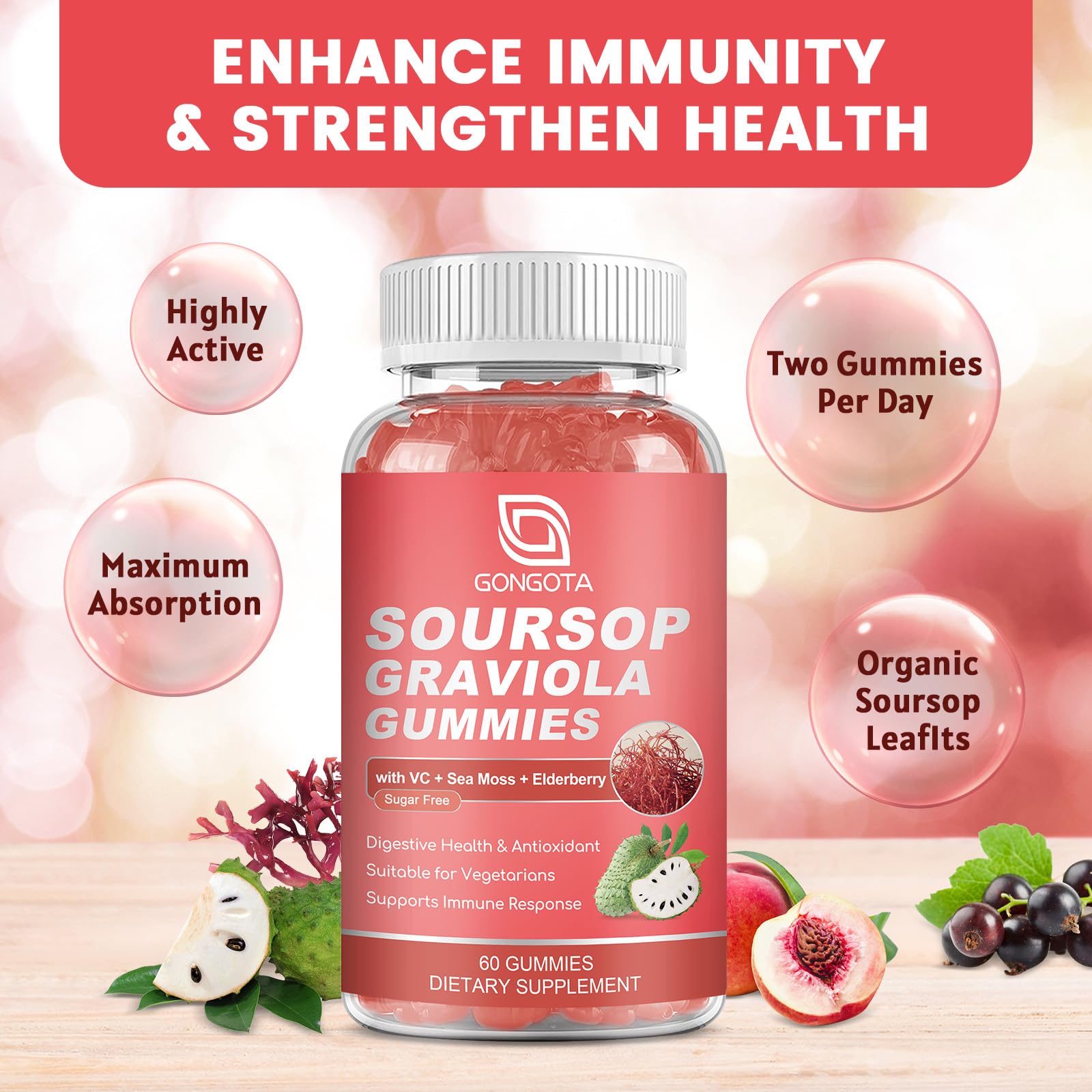 GONGOTA soursop gummies collection highlights elderberry and sea moss antioxidants.