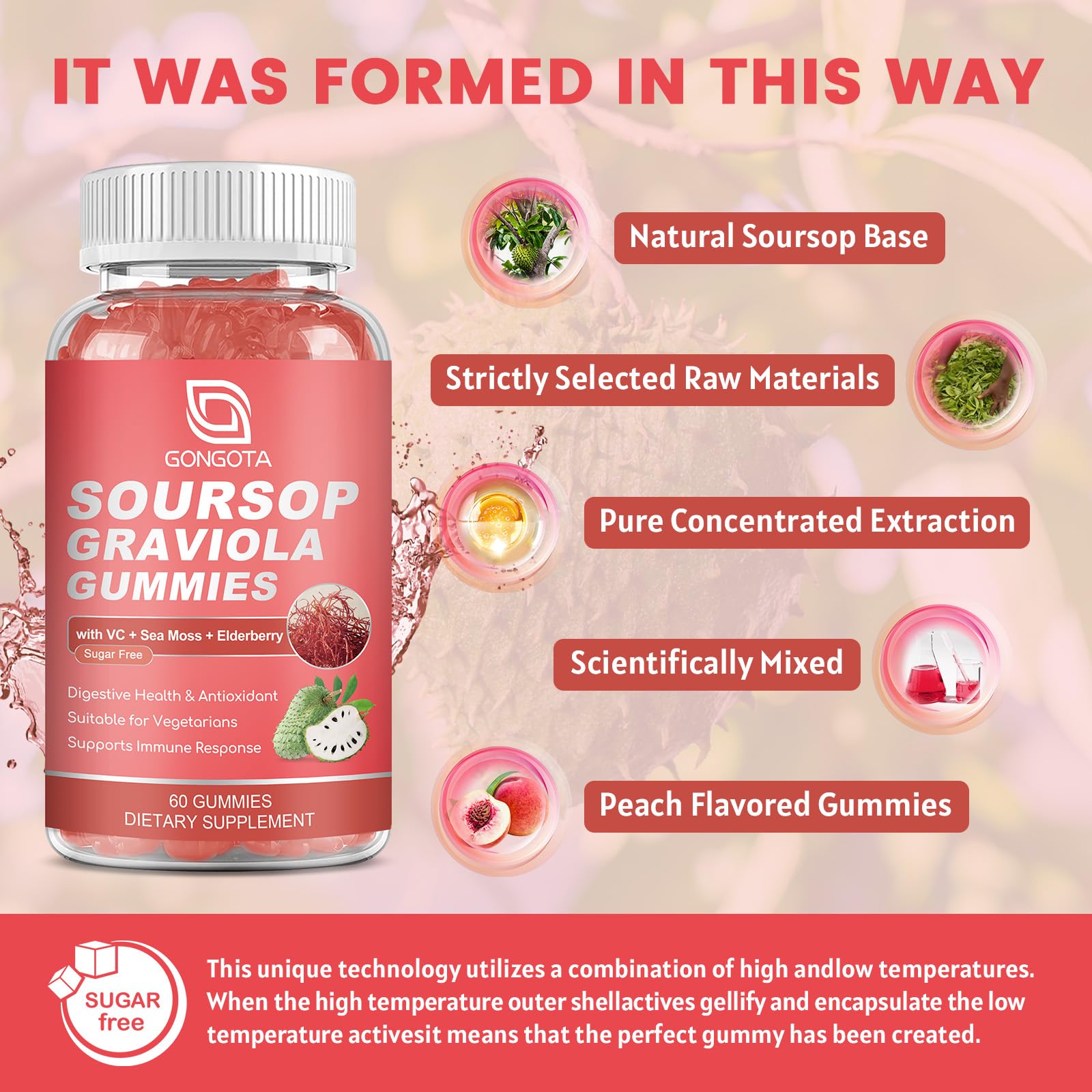 GONGOTA soursop gummies serving shot illustrates bite-sized digestion-friendly nourishment.