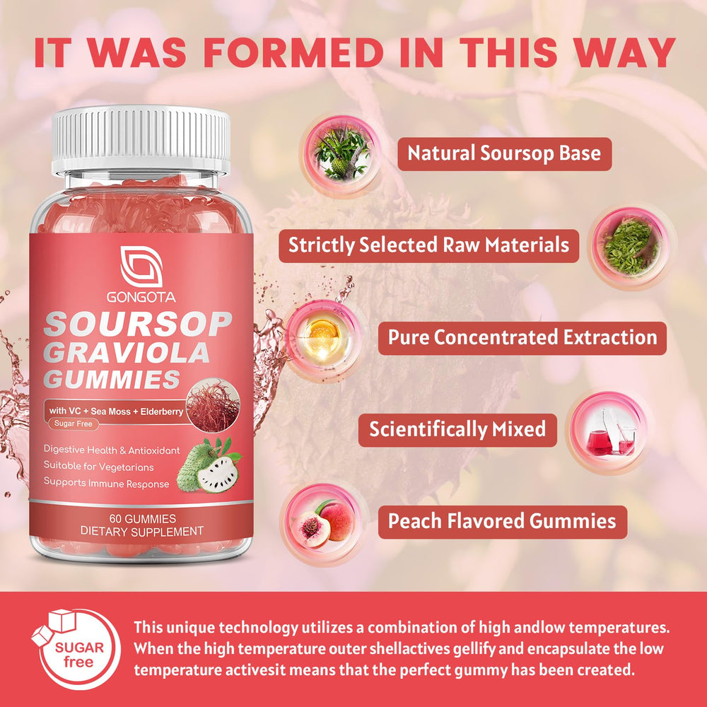 GONGOTA soursop gummies serving shot illustrates bite-sized digestion-friendly nourishment.