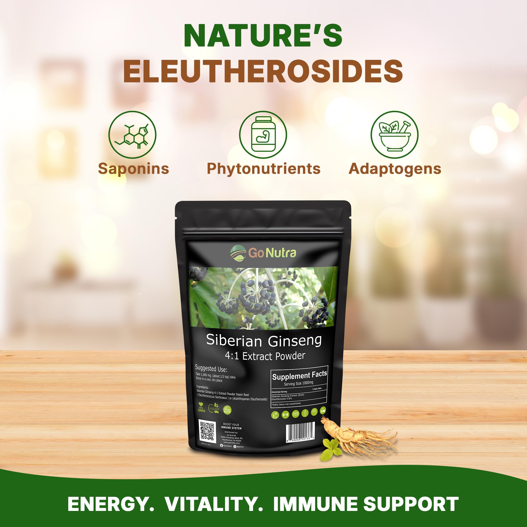 Go Nutra Eleuthero root powder closeup highlighting texture for sustained stamina