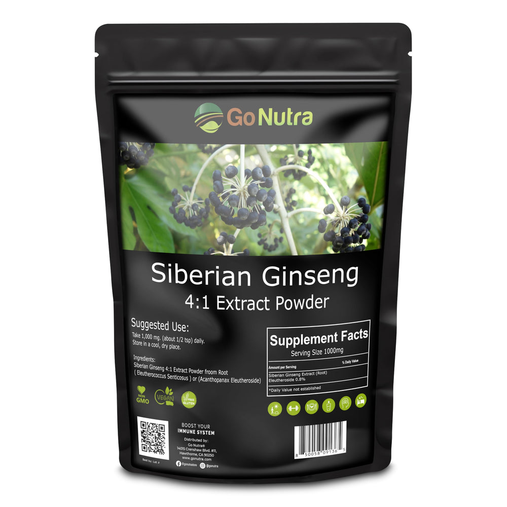 Go Nutra Siberian Ginseng bottle front showing pure eleuthero powder for natural energy support