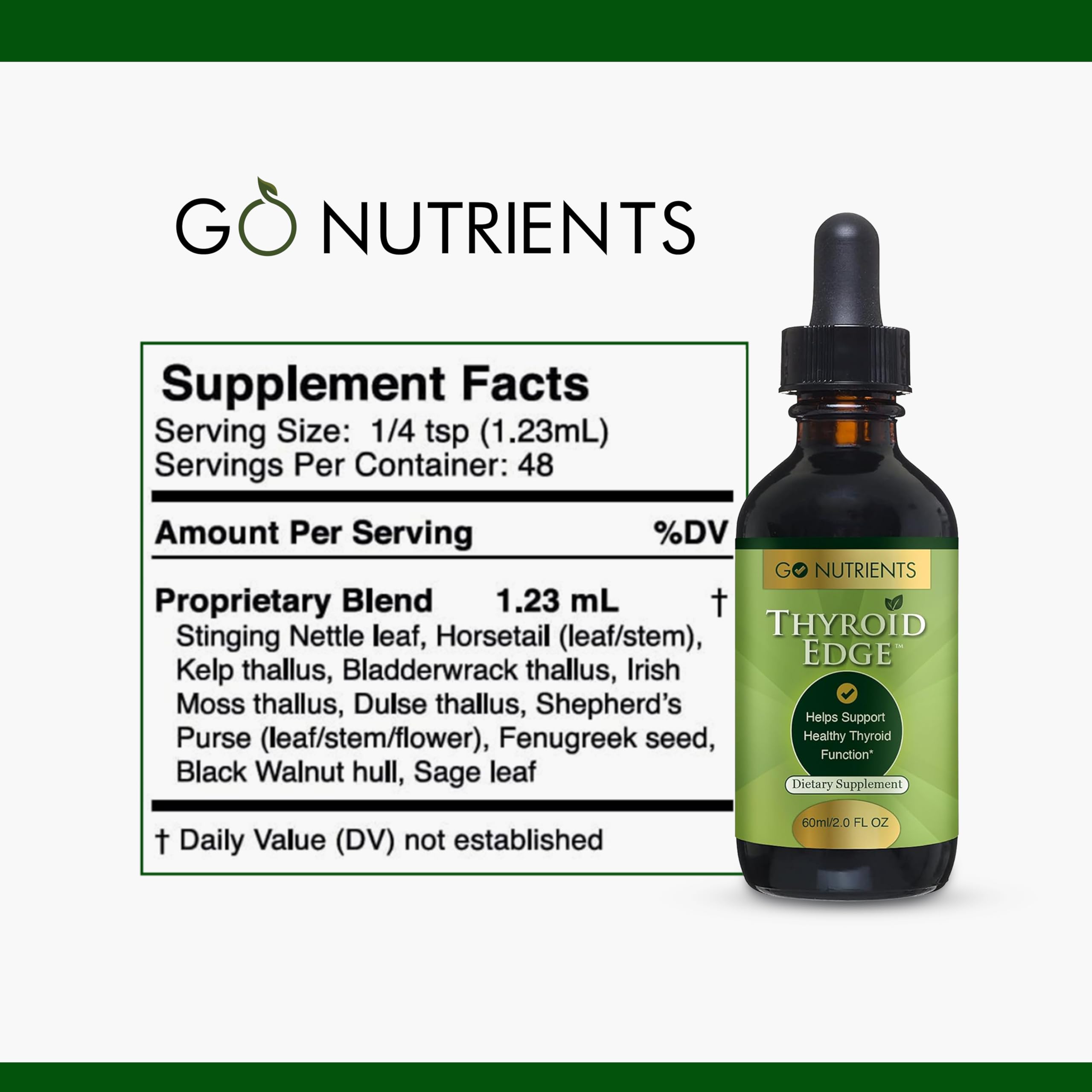 Go Nutrients Thyroid Edge label close-up highlights sage and nettle herbs.