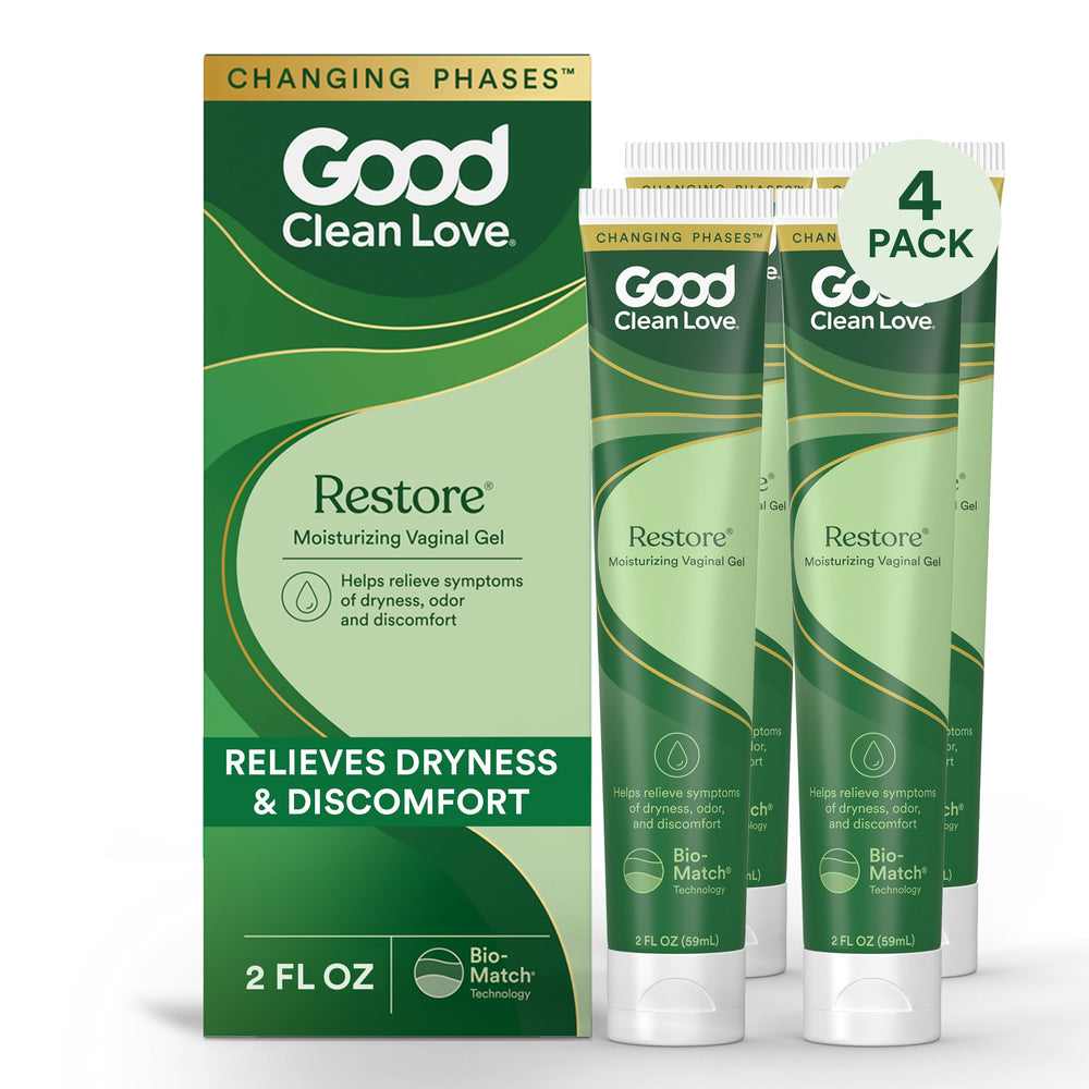 Good Clean Love Restore bottle showing the pH-balanced gel for daily care.