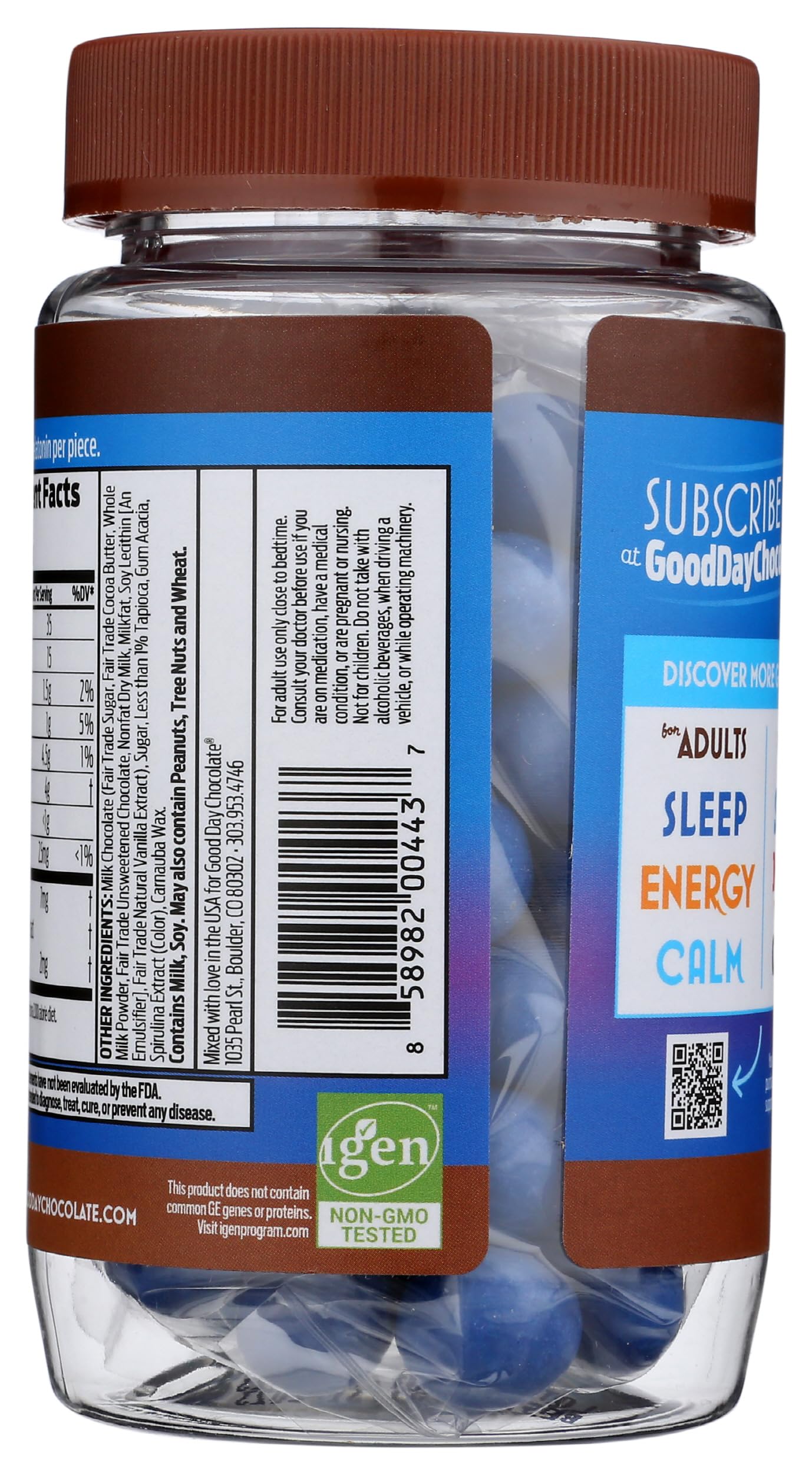 Good Day Chocolate melatonin chamomile close-up highlighting natural sleep-support ingredients