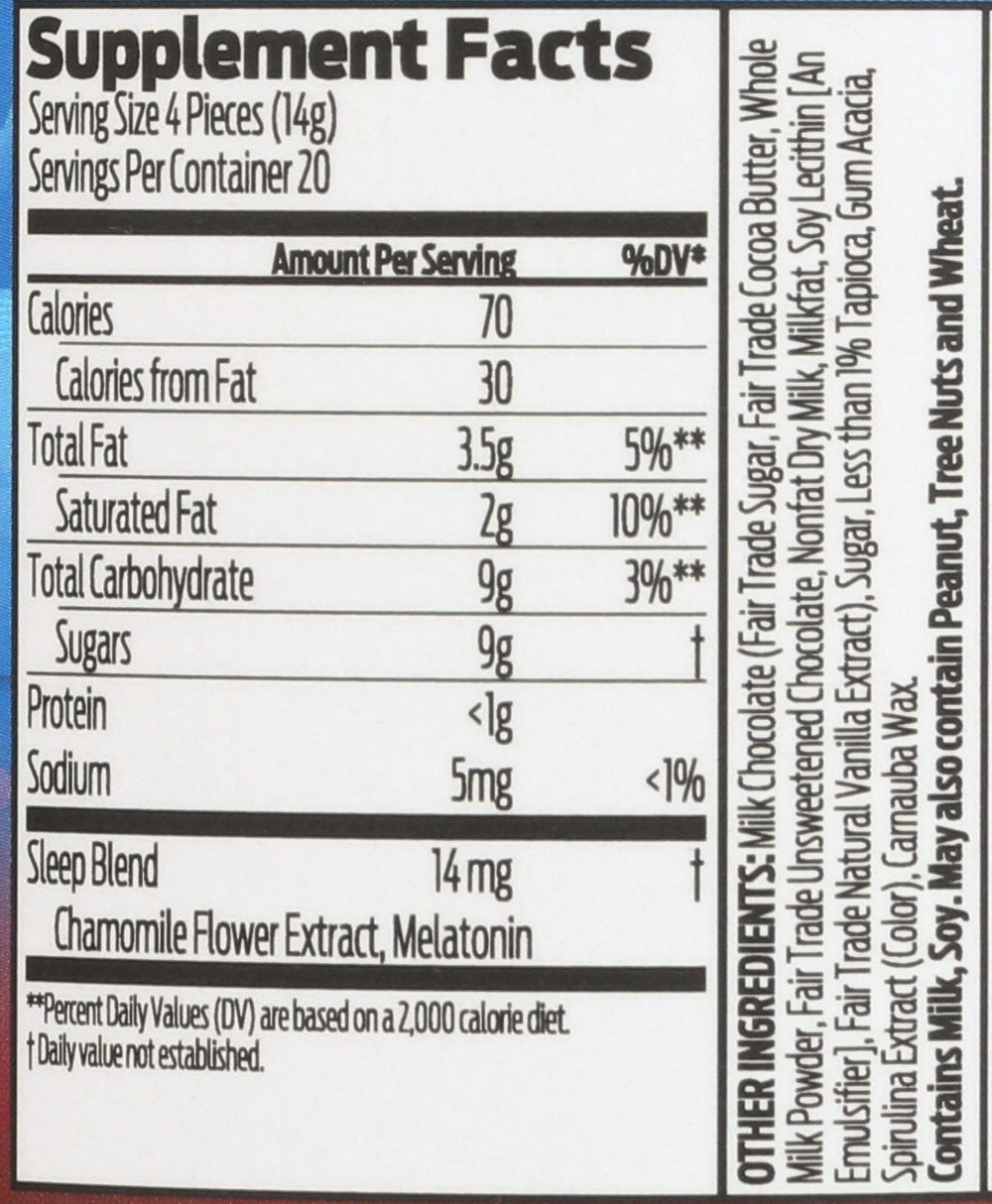 Good Day Chocolate melatonin milk chocolate bar resting on foil packaging