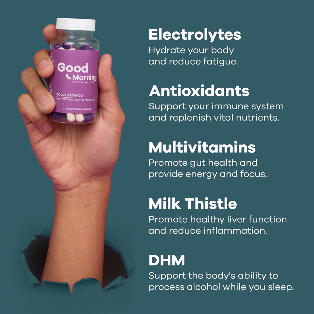 Capsule close-up reveals DHM and milk thistle ingredients in detail.