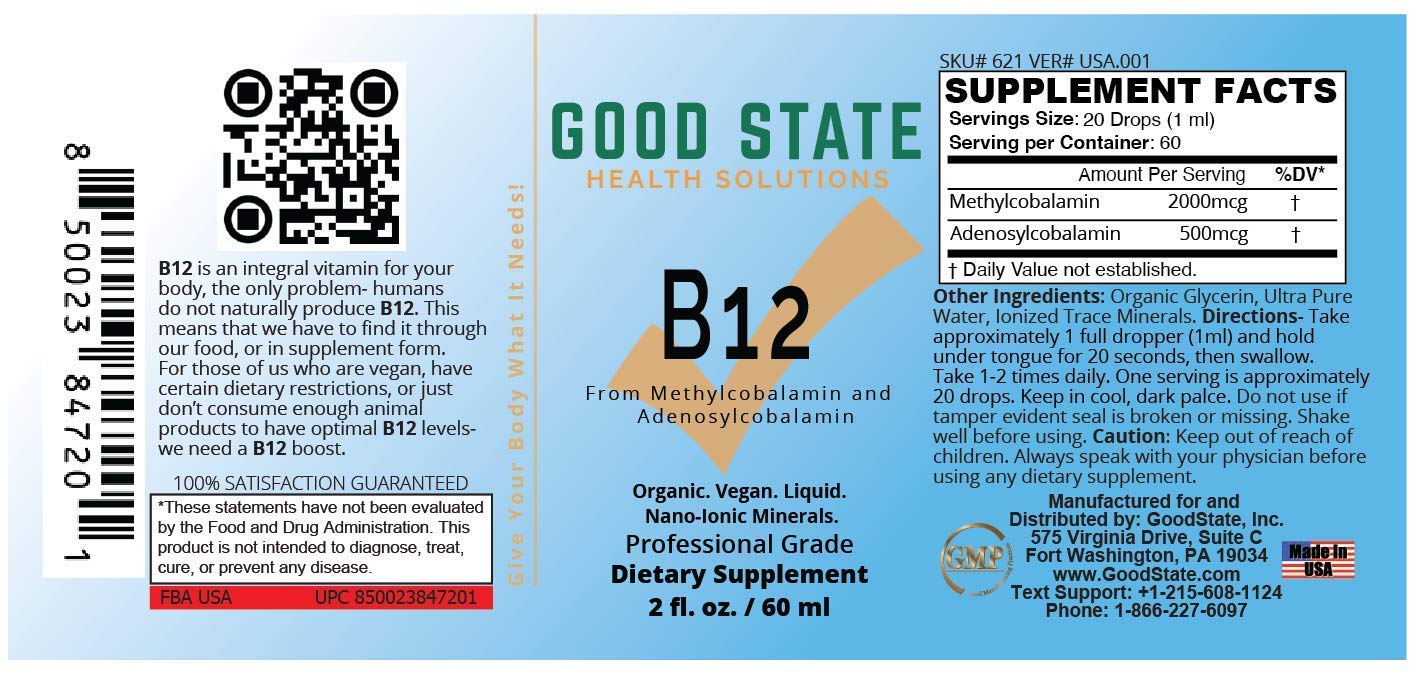 Good State B12 liquid label shows vegan organic quality.