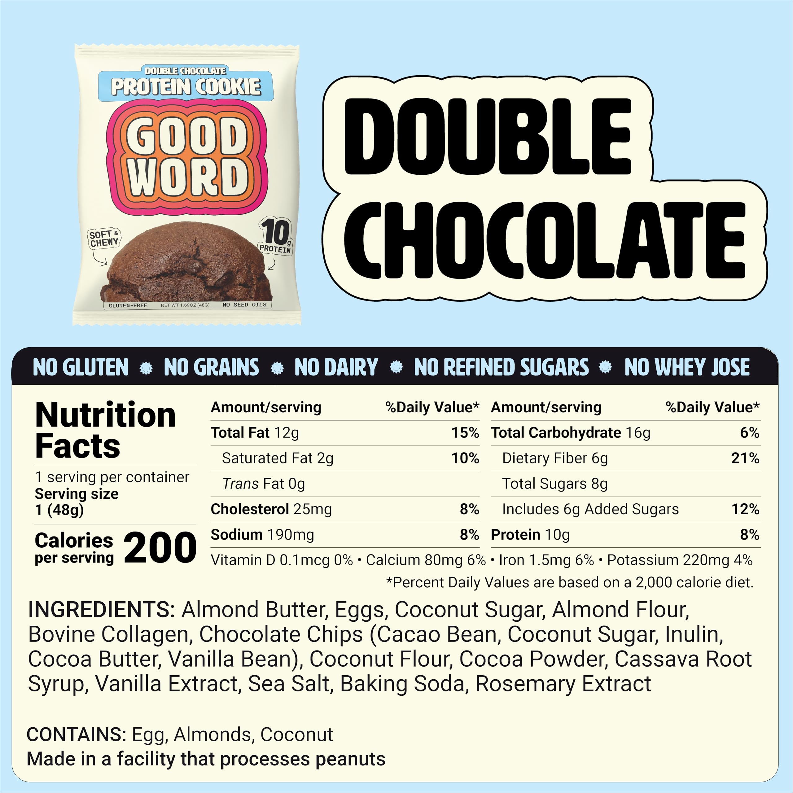 Good Word Double Chocolate cookie close-up, soft and chewy texture.