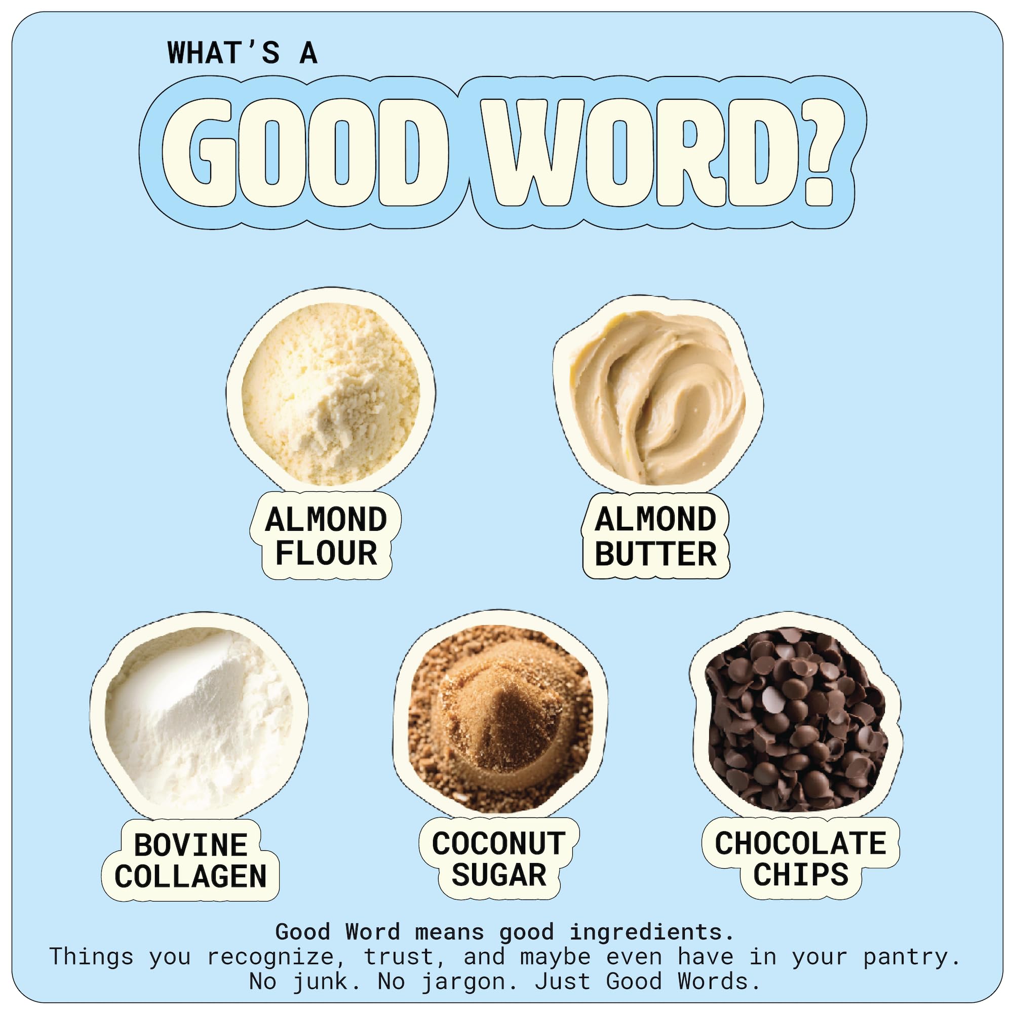 Good Word ingredients highlight almond butter, collagen in the recipe.