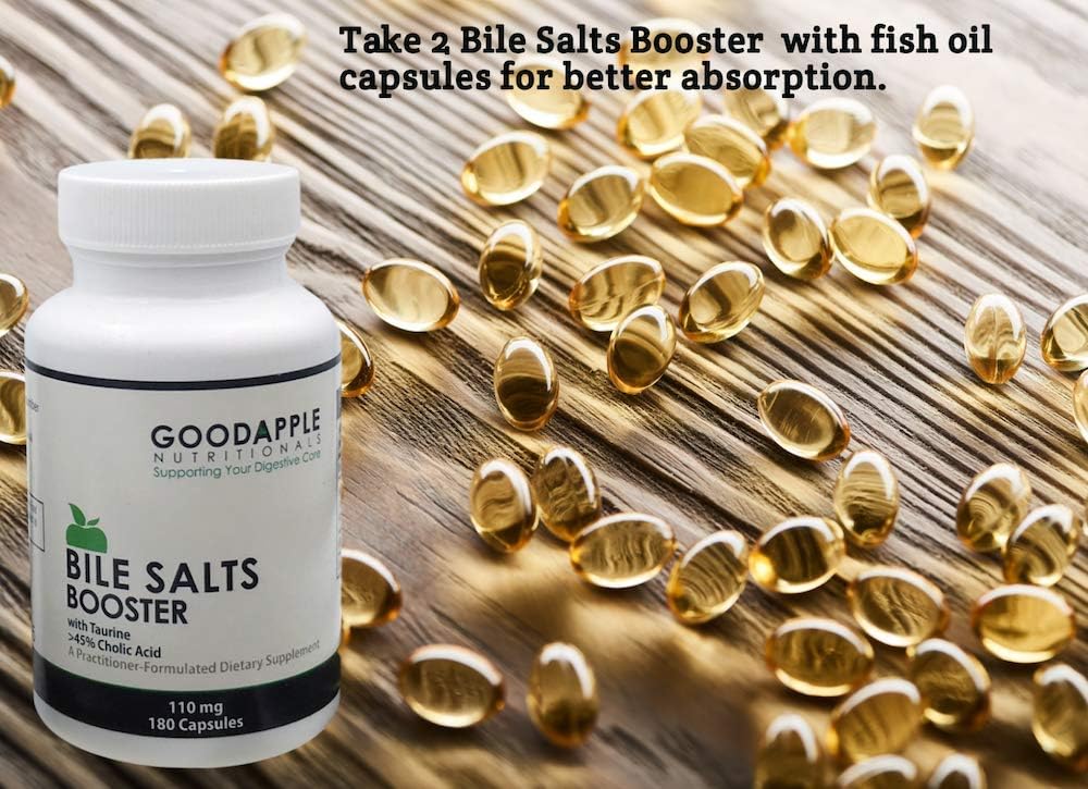 GOODAPPLE NUTRITIONALS Bile Salts Booster digestion process illustration suggests fat breakdown.