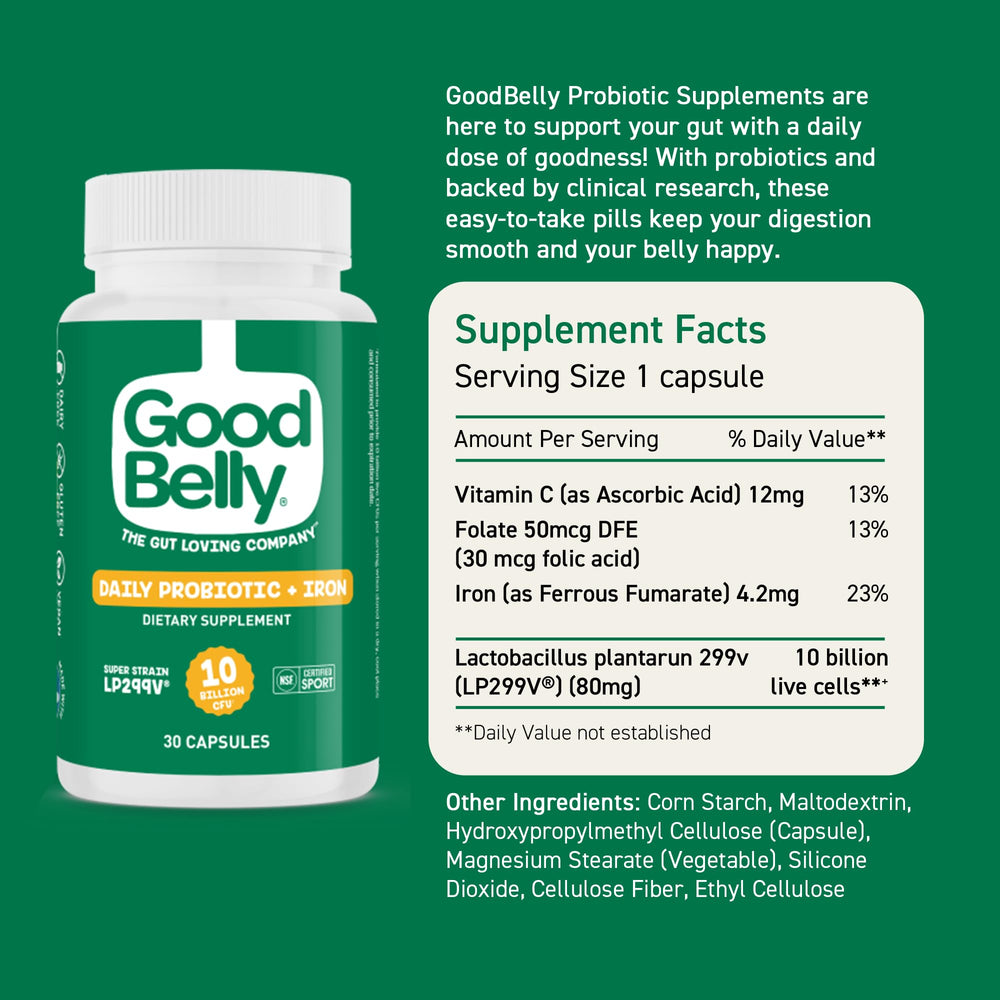 GoodBelly brand trust probiotic pioneer badge conveys years of gut health leadership.