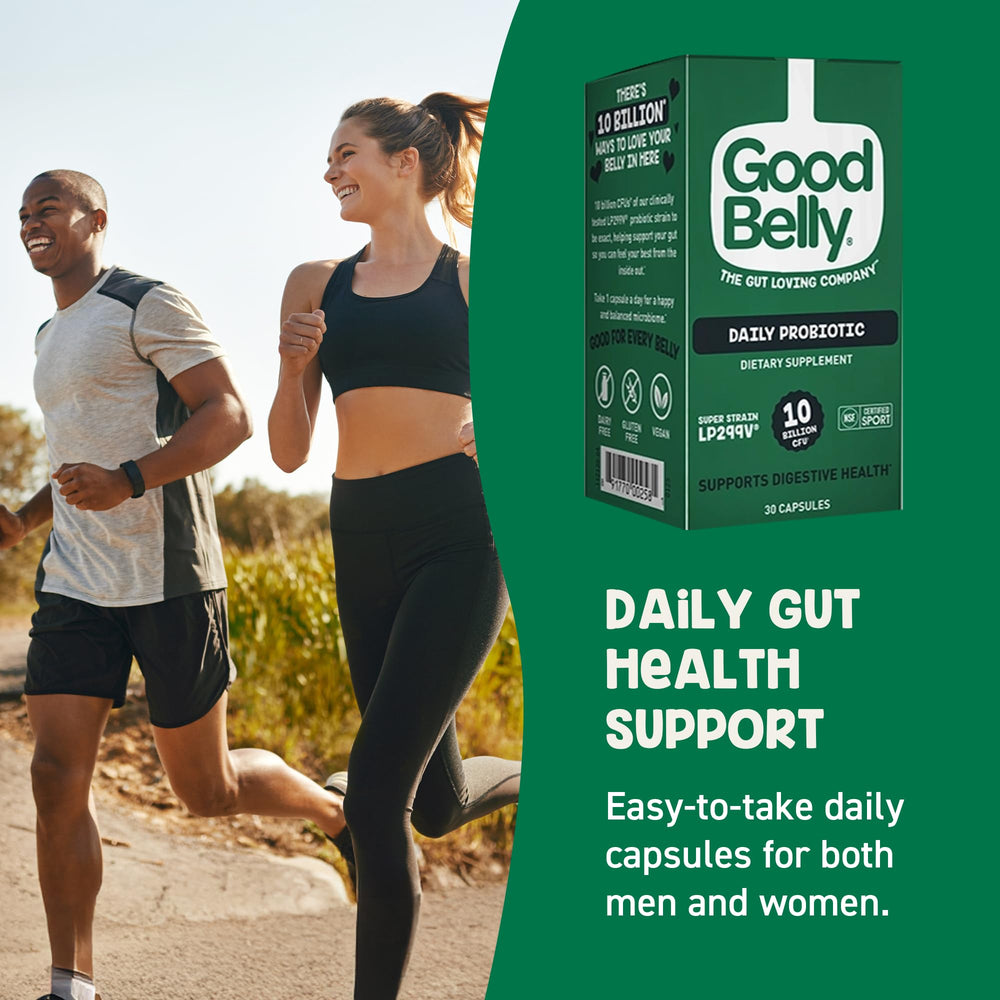 GoodBelly clinically studied LP299v strain label signaling evidence-based gut support.