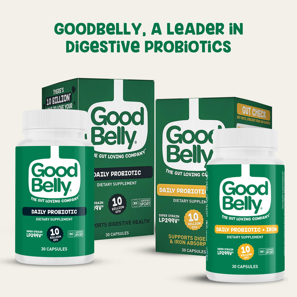 GoodBelly clinically studied strain label emphasizes science-backed digestive support.