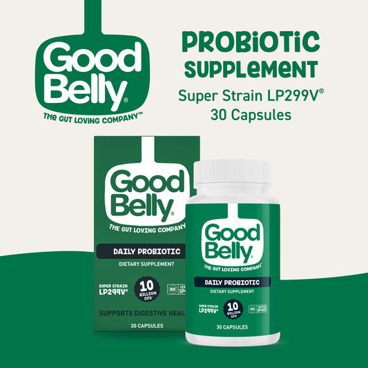 GoodBelly digestive balance bottle highlighting convenient daily probiotic use.