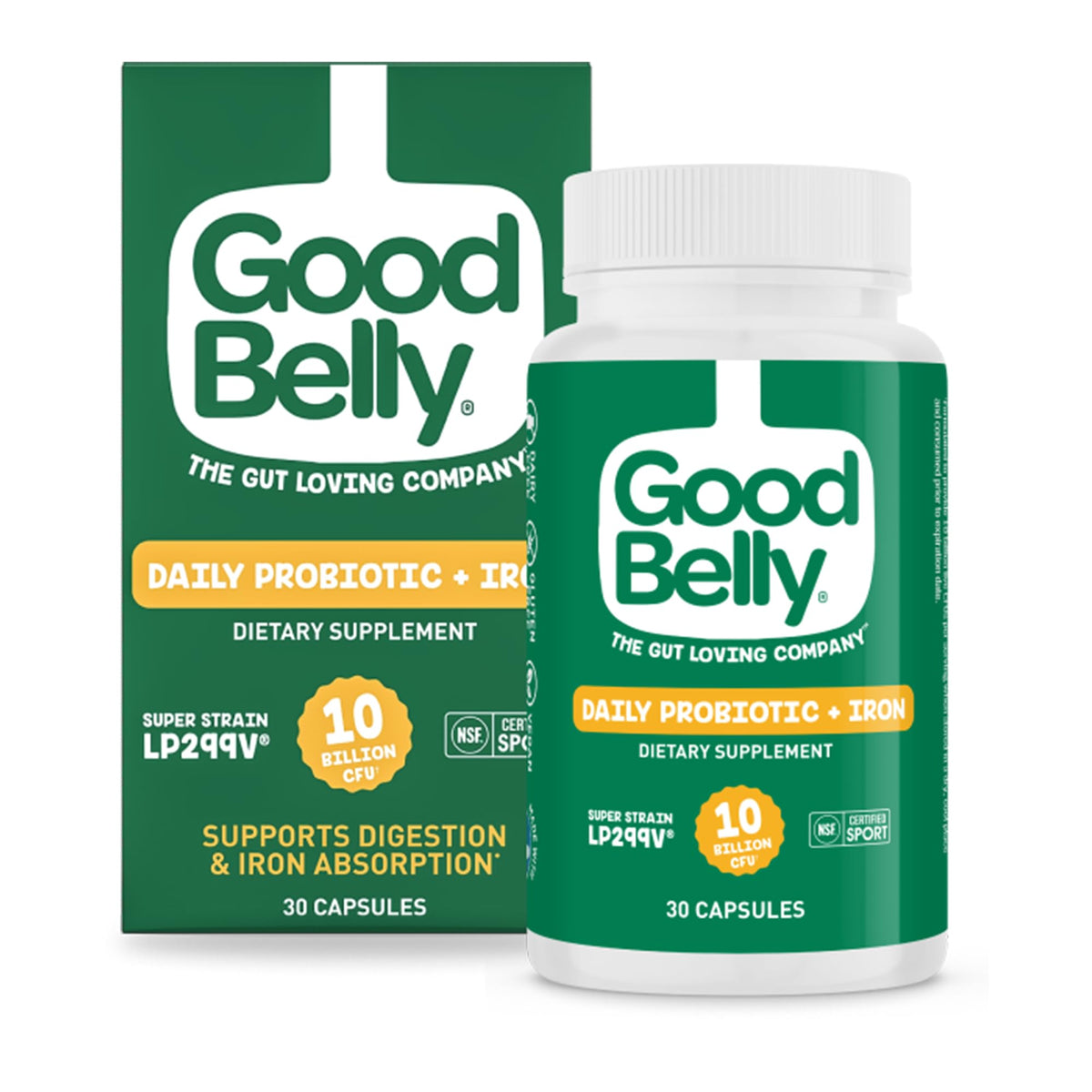 GoodBelly probiotic capsules close-up showing 10 billion cultures for digestive health.