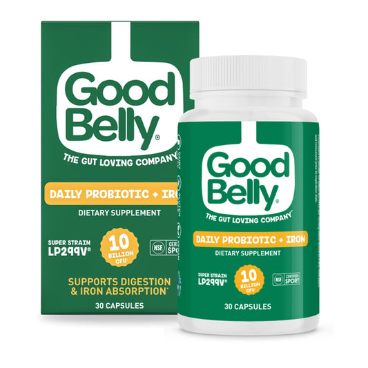 GoodBelly probiotic capsules close-up showing 10 billion cultures for digestive health.