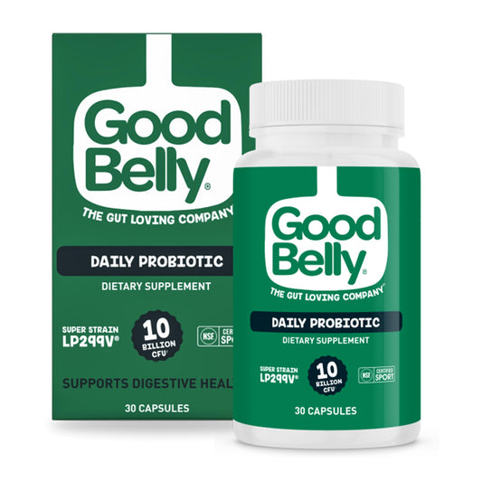 GoodBelly probiotic capsules showcasing 10 billion cultures for daily gut support.