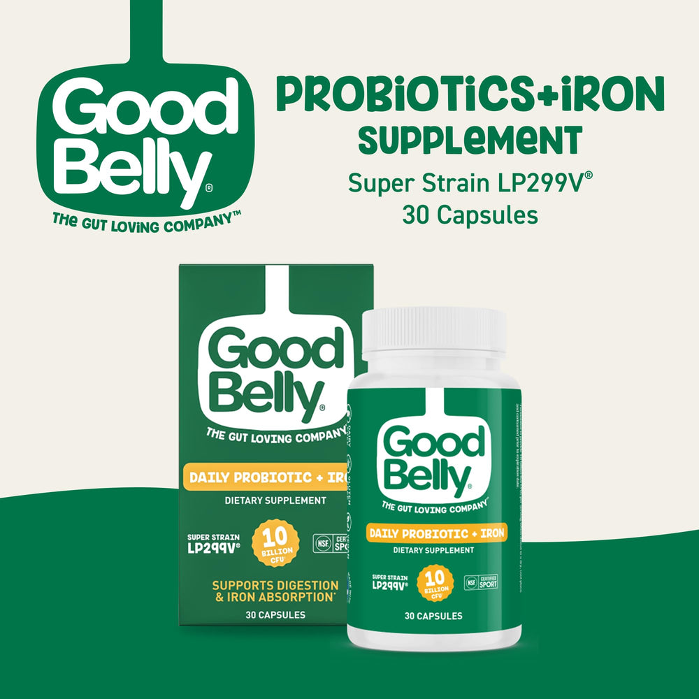 GoodBelly probiotic capsules highlighting iron absorption support for nutrient uptake.