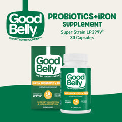 GoodBelly probiotic capsules highlighting iron absorption support for nutrient uptake.