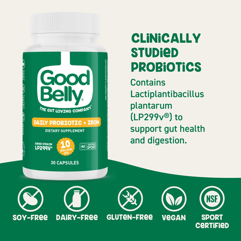 GoodBelly vegan allergen free capsules free from dairy, gluten, and soy.