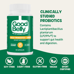 GoodBelly vegan allergen free capsules free from dairy, gluten, and soy.