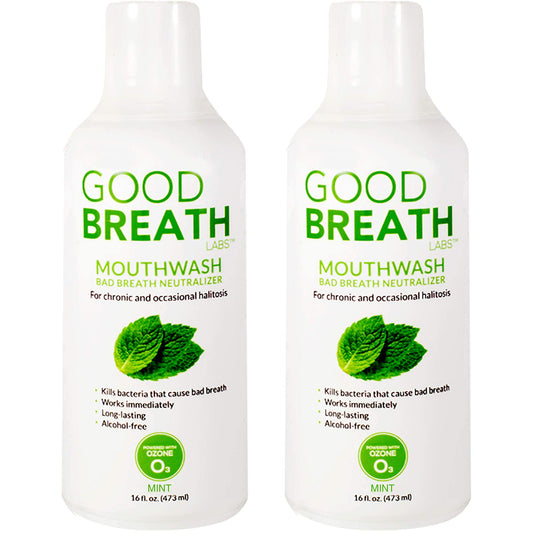Goodbreath Mouthwash mint bottle; ozone technology for long-lasting fresh breath and gentle mouth care.