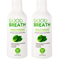 Goodbreath Mouthwash mint bottle; ozone technology for long-lasting fresh breath and gentle mouth care.