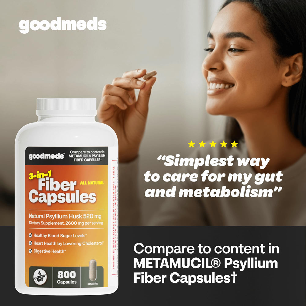 Close-up of GoodMeds Psyllium capsules highlighting easy-to-swallow daily fiber.