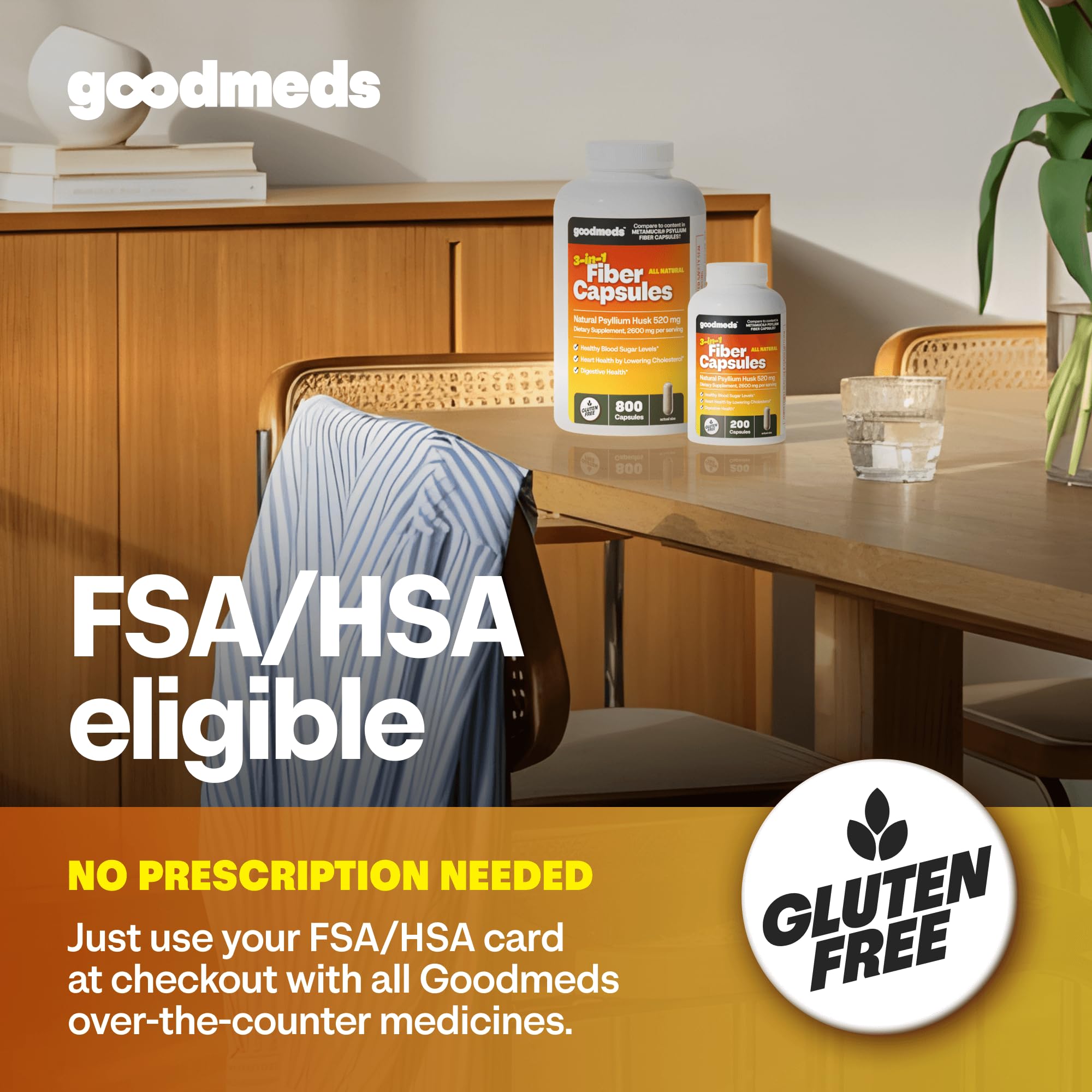 GoodMeds Psyllium capsules on table ready for regularity and gut balance.