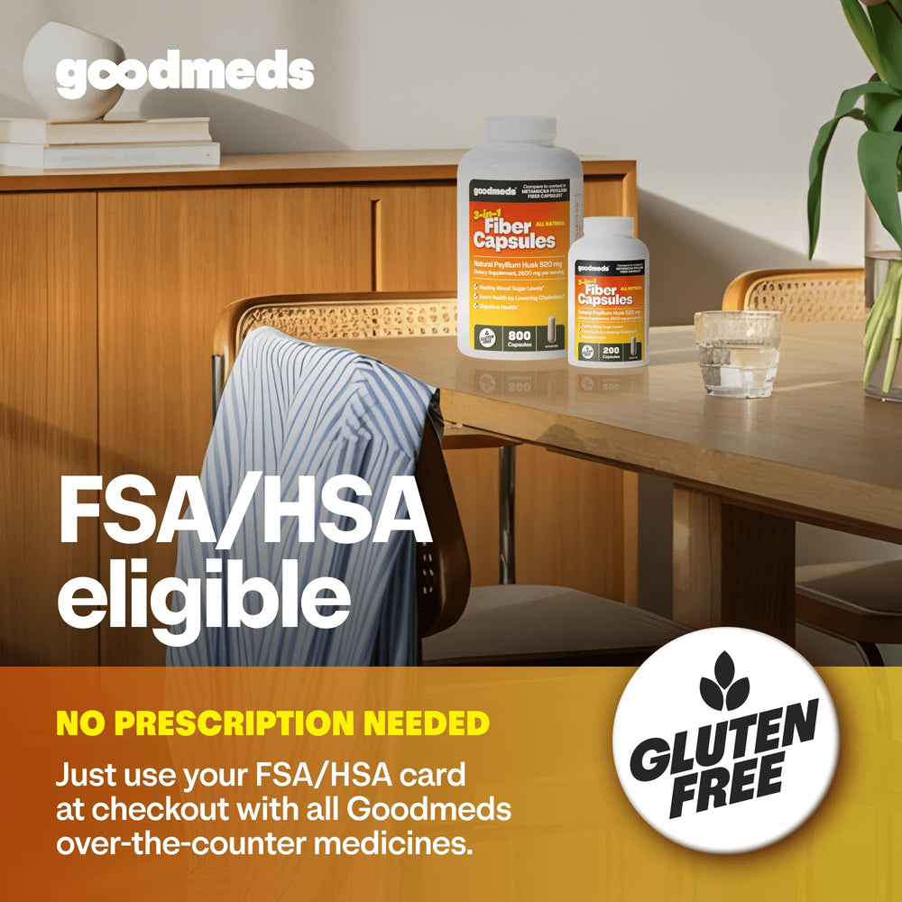 GoodMeds Psyllium capsules on table ready for regularity and gut balance.