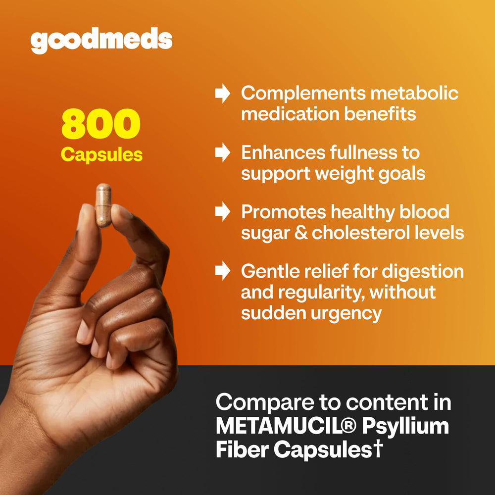 GoodMeds Psyllium Husk Fiber packaging label emphasizing soluble fiber benefits.
