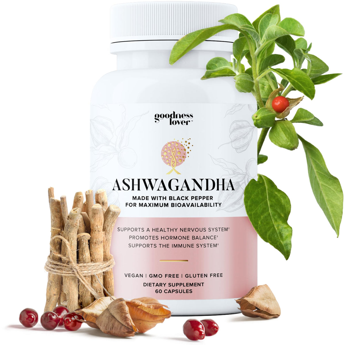 Goodness Lover Ashwagandha bottle on shelf promotes natural stress support.