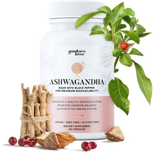 Goodness Lover Ashwagandha bottle on shelf promotes natural stress support.