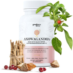 Goodness Lover Ashwagandha bottle on shelf promotes natural stress support.
