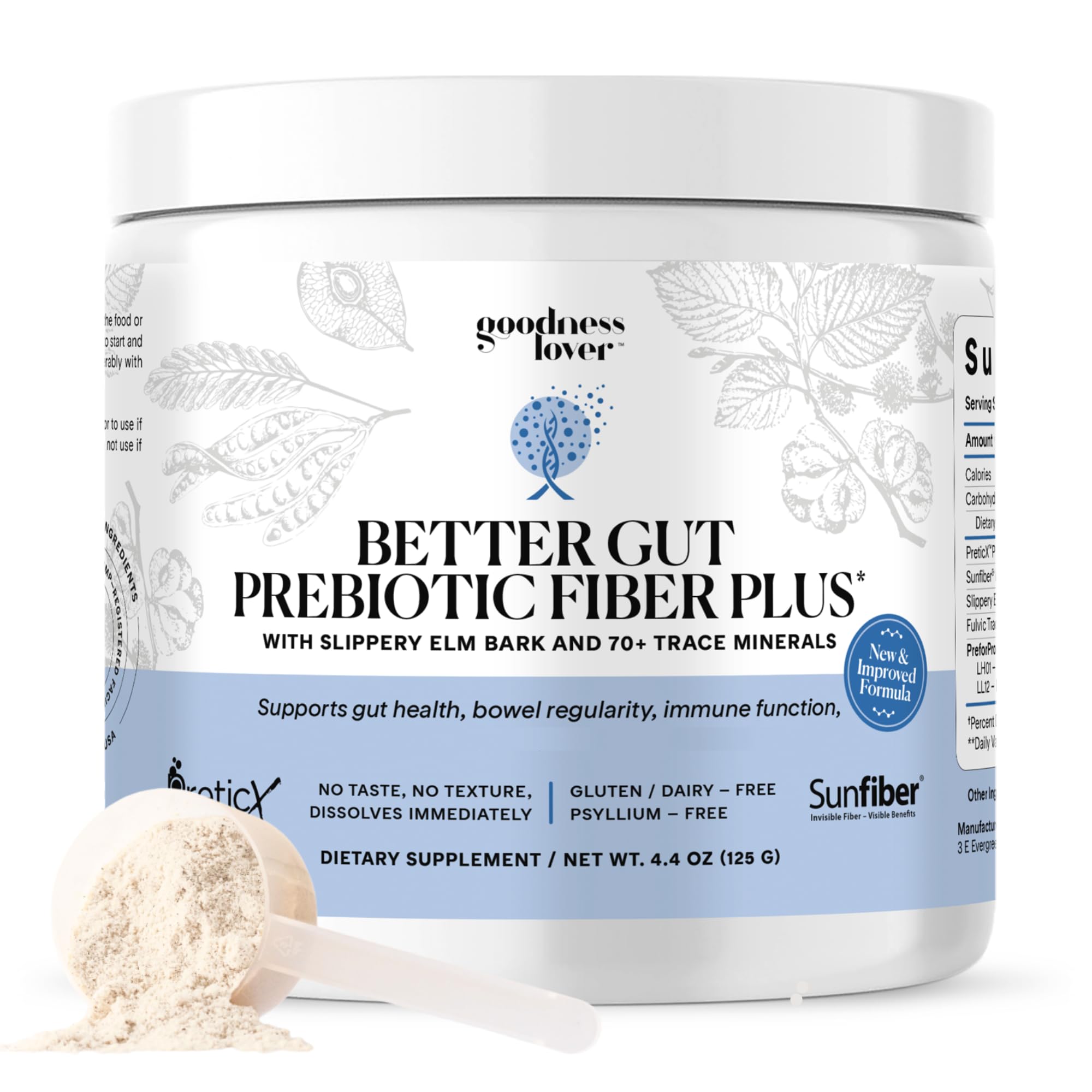 Goodness Lover Better Gut bottle pour shows easy-to-use prebiotic powder for digestion